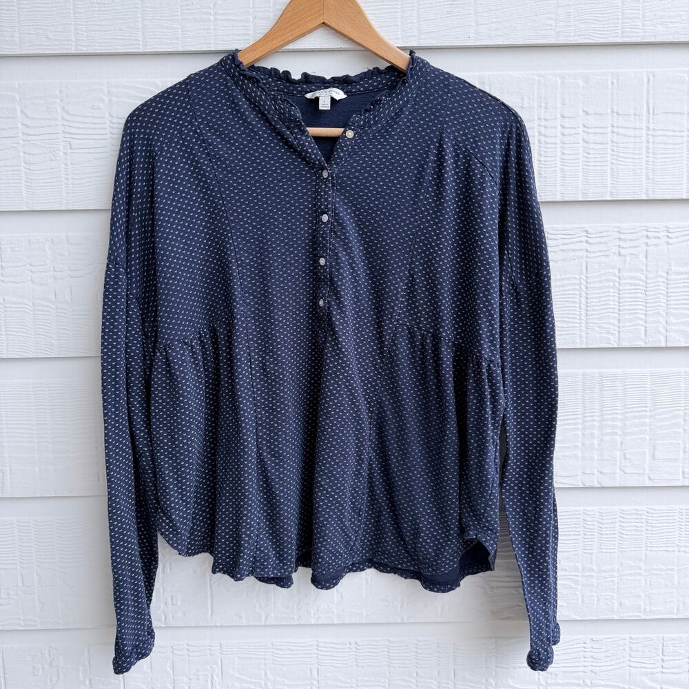 Lucky Brand Navy Floral Roll Tab Blouse Large Boho Peplum